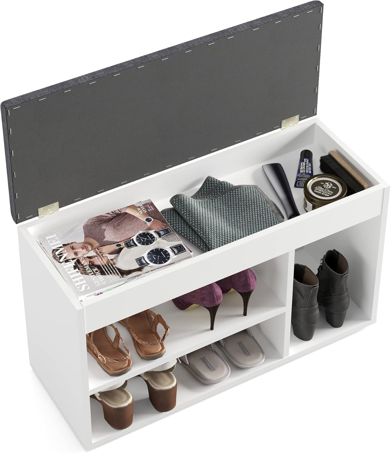 White Grey Shoe Storage Bench with Cushion – Hallway Entryway Seat 80cm