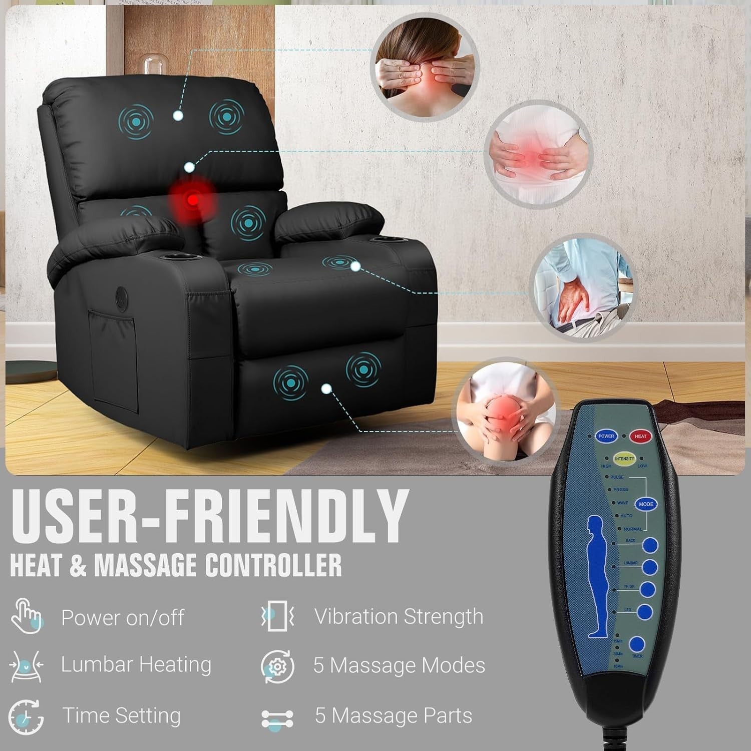 Massage Rocker Recliner Chair with Heat 360° Swivel USB & Type-C Ports Black