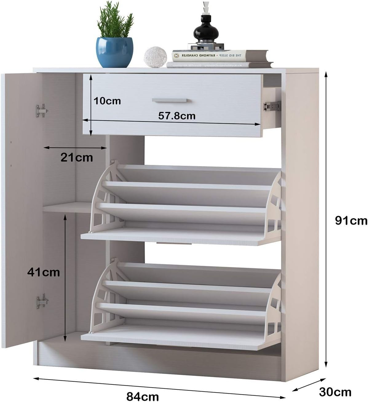 Space-Saving 2 Drawer Shoe Cabinet with Pull-Down Doors – 20 Pair Storage White