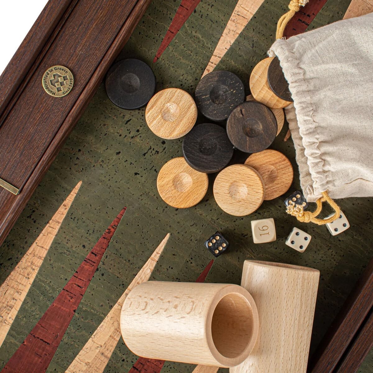 Luxury Backgammon Set 19 Inch Wooden Board Cork Playing Surface Dice Cups