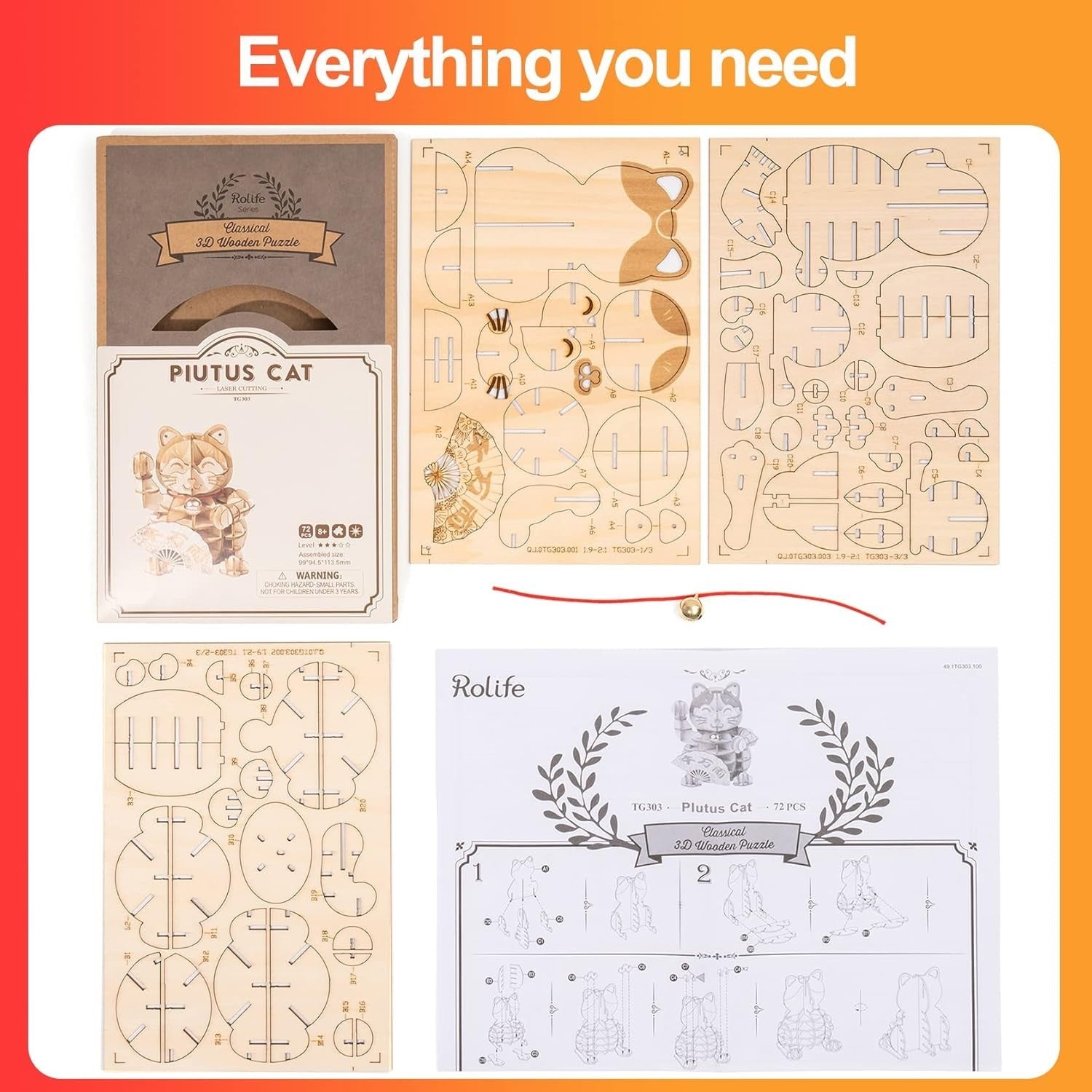 3D Wooden Cat Puzzle DIY Kit, 72 Pieces, Retro Craft Model, Easy Assembly