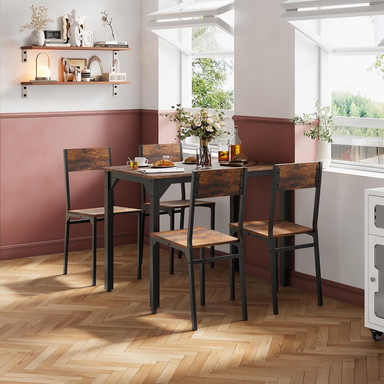 4-Seater Brown Dining Table & Chairs Set - Metal Frame, Space Saving