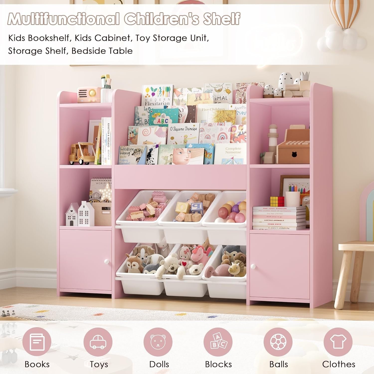 Large Kids Toy Storage Bookshelf with 6 Boxes & 4 Tier Shelves for Playroom Pink