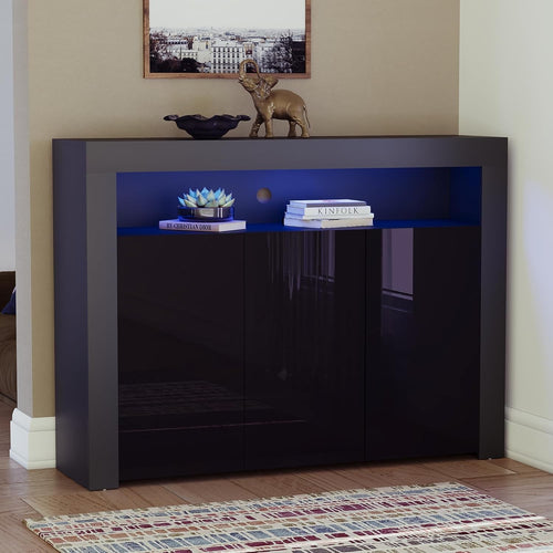 Modern Black LED Sideboard 3 Doors 3 Drawers RGB Lighting Storage Cabinet