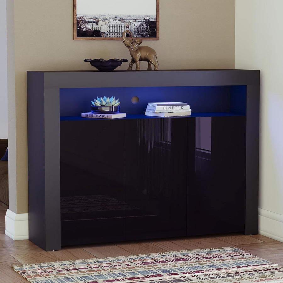 Modern Black LED Sideboard 3 Doors 3 Drawers RGB Lighting Storage Cabinet