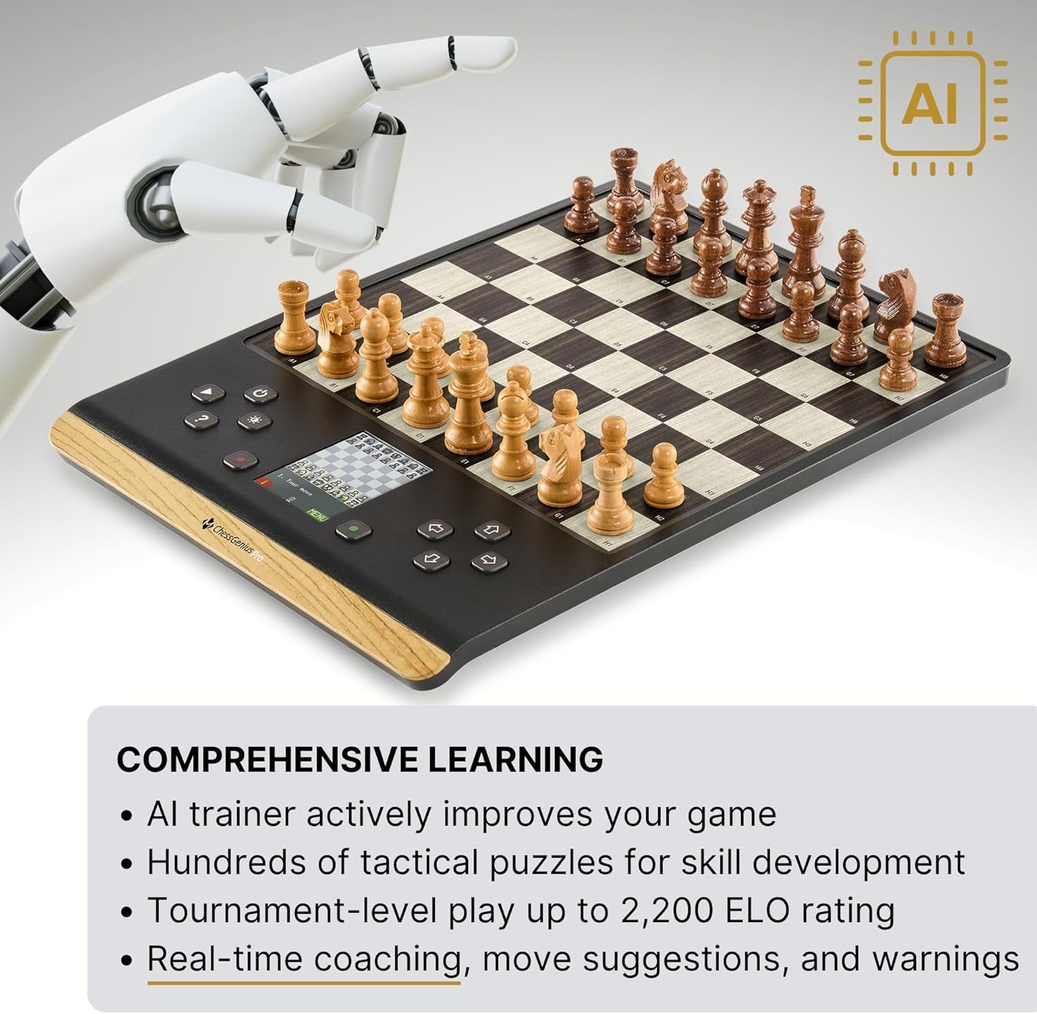 Premium Wooden Electronic Chess Computer – AI Training, LED Display, Portable