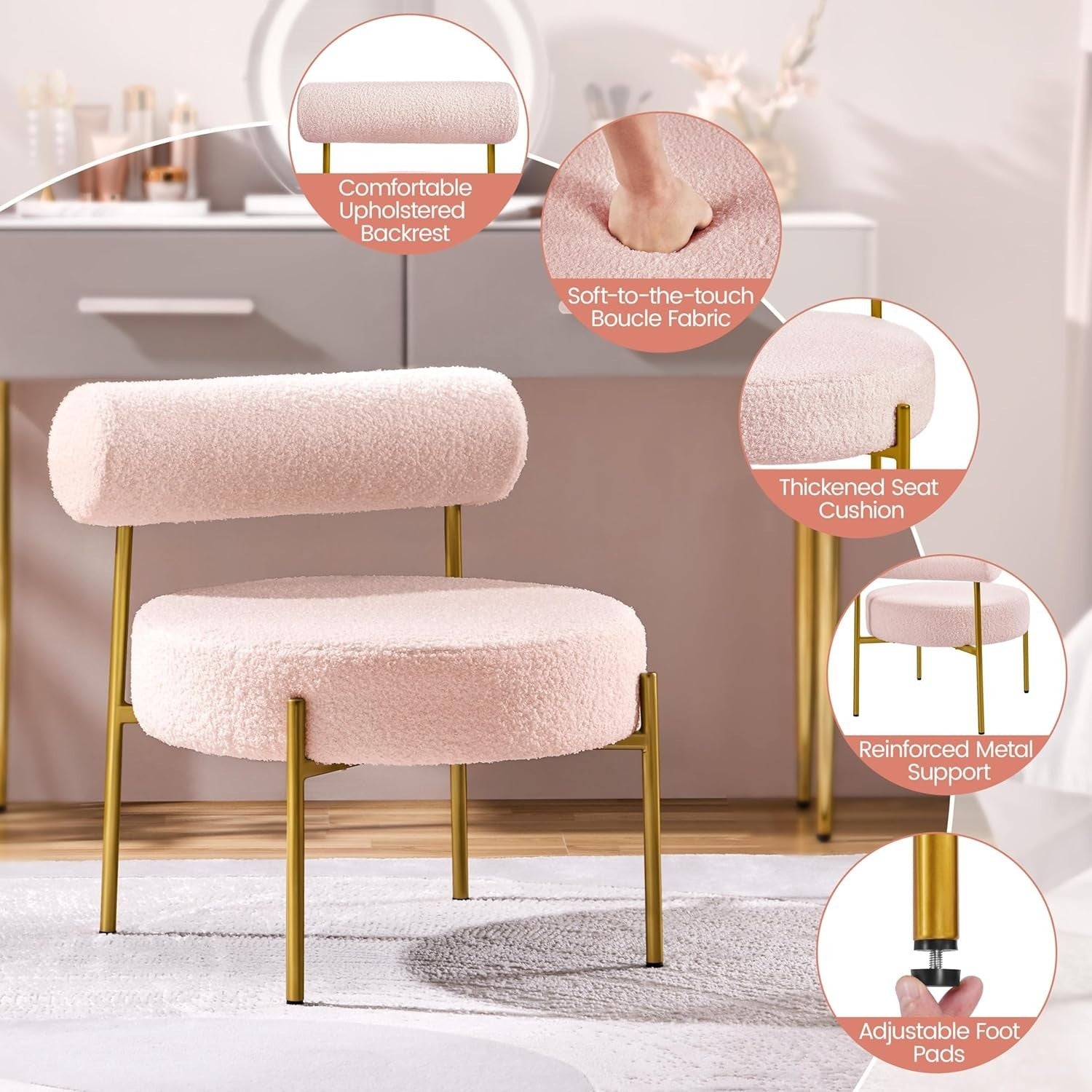 Pink Bouclé Tub Chair Cozy Sherpa Barrel Seat w/ Gold Legs for Bedroom & Vanity