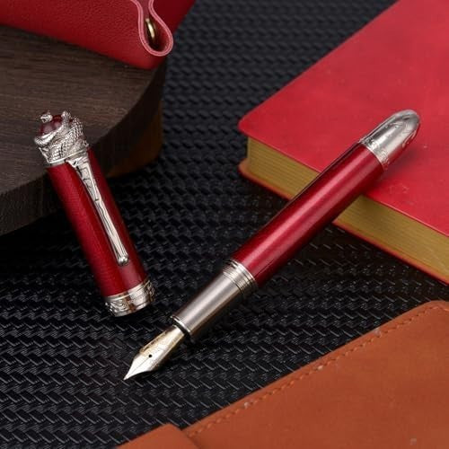 Wine Red Piston Fountain Pen Extra Fine Nib Snake Engraved Metal Gift Set