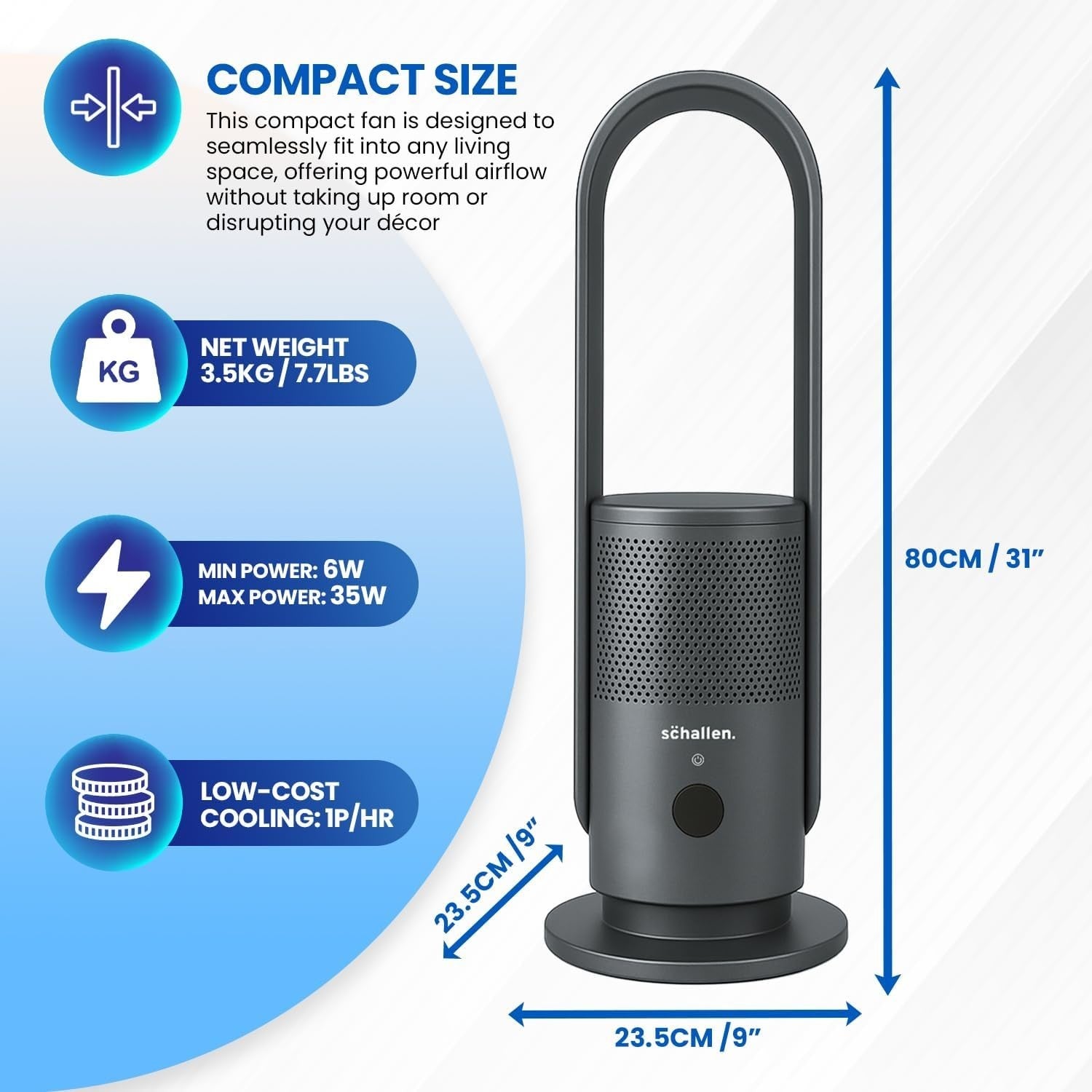 Bladeless Tower Fan 31-Inch Air Purifier 9-Speed Remote Control with HEPA Filter