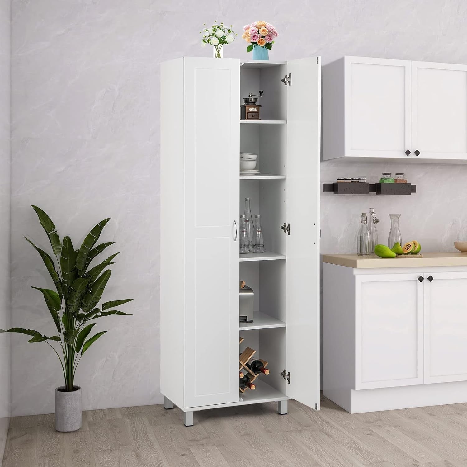 Tall White Storage Cabinet 2 Door Cupboard | Adjustable Shelves Freestanding Uni