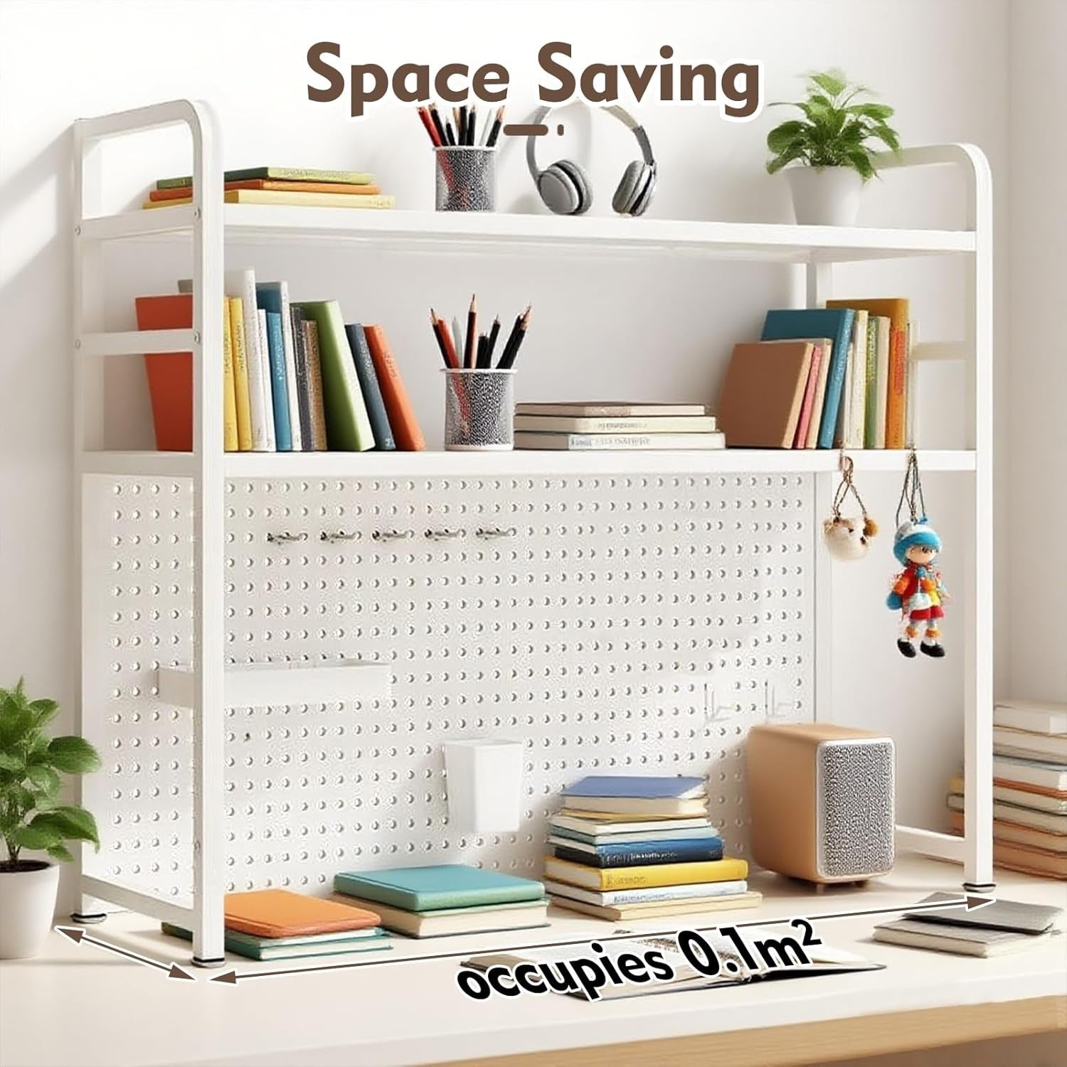 2-Tier Desktop Shelf with Pegboard Space-Saving Metal Storage Rack