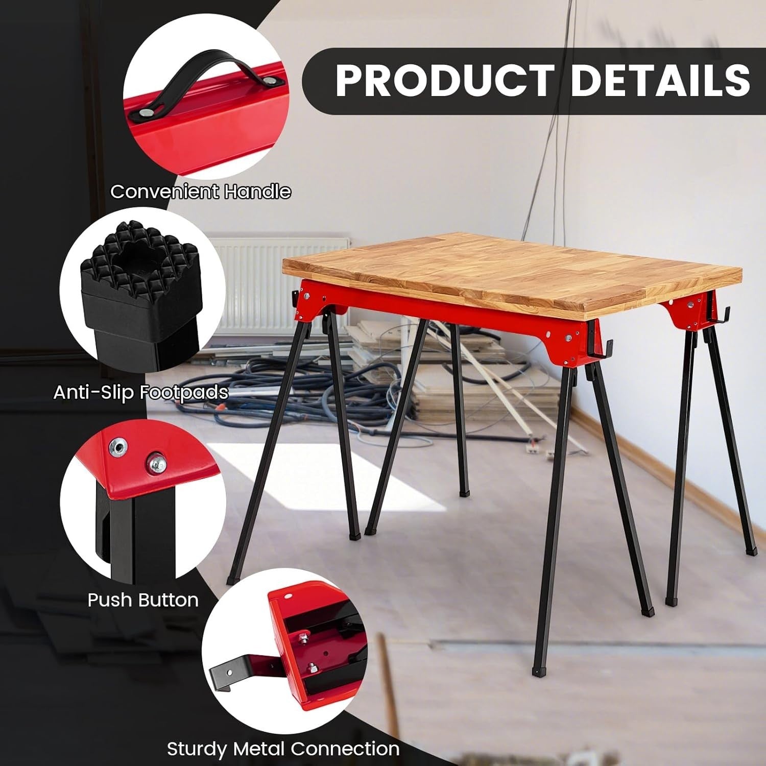 Folding Sawhorse Twin Pack Heavy Duty 454kg 2x4 Support Arms Red 92x48