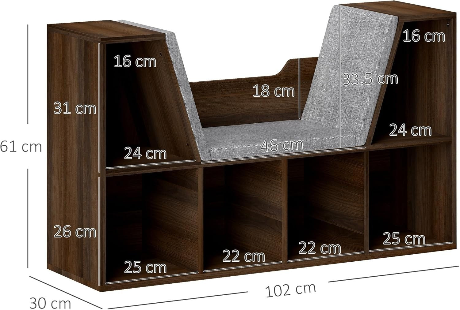 Bookcase with Cushioned Reading Seat 6 Cube Storage Bench Chestnut
