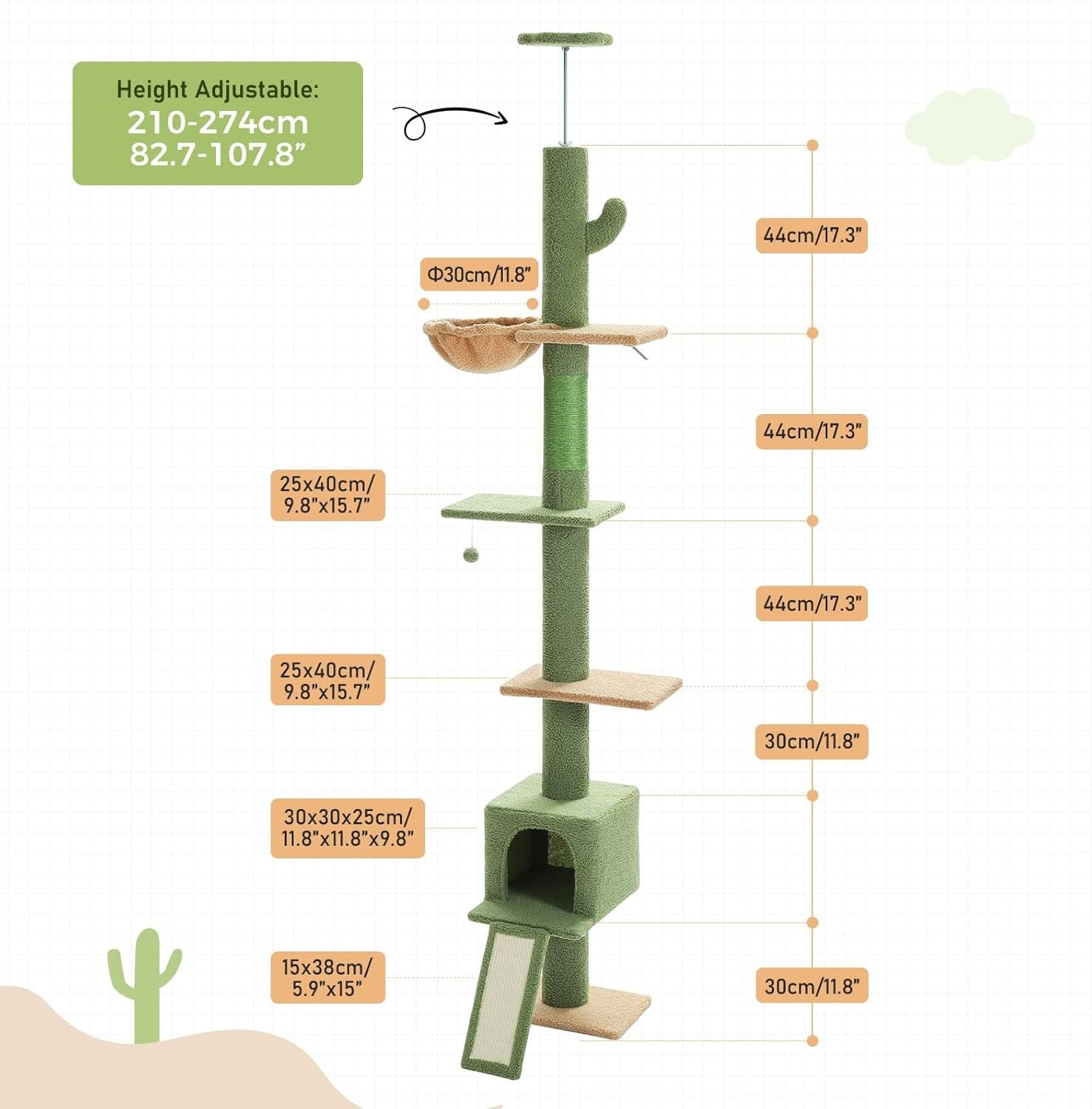 Floor to Ceiling Cat Tree Tower Adjustable 216–273cm Condo Hammock Scratching