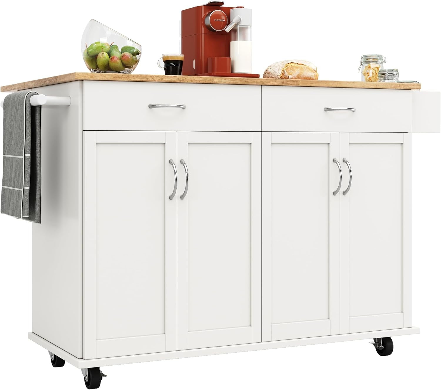 Kitchen Island Trolley on Wheels Expandable Top 2 Drawers Storage White