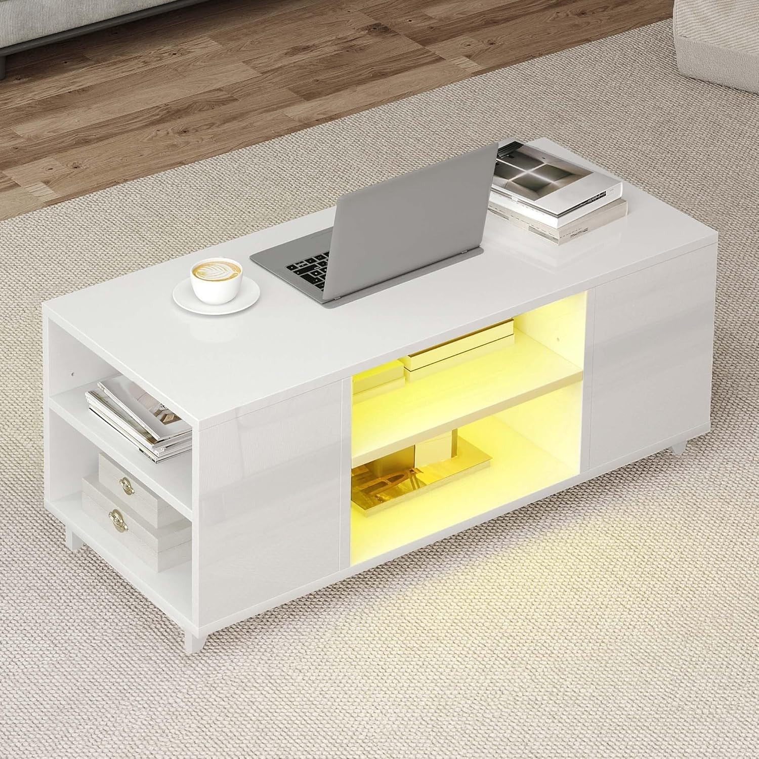 High Gloss Coffee Table with Storage & RGB LED Light – Modern 97.5x48x45 cm