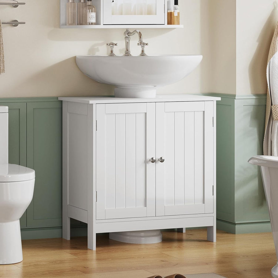 White Under Sink Bathroom Cabinet – 2 Door Vanity Unit with Shelf Storage