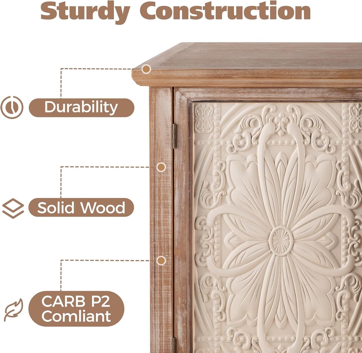 French Country Buffet Cabinet with 3 Doors Large Storage Natural Wood