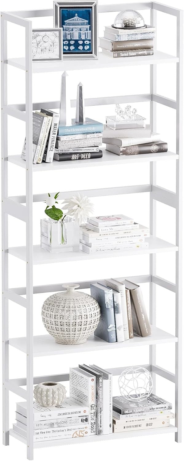 White 5-Tier Industrial Bookshelf, Tall Bamboo Frame Display Storage Unit