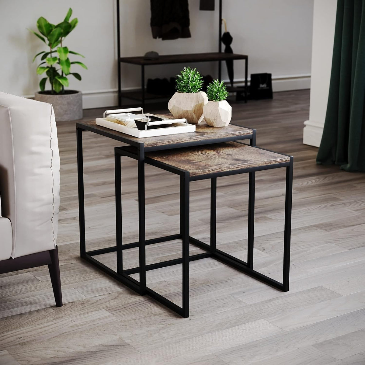2x Industrial Dark Wood Metal Nesting Tables Set Side End Coffee Self Assembly