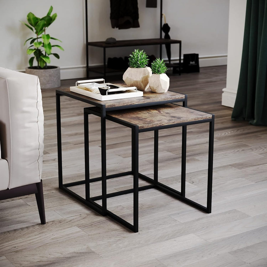 2x Industrial Dark Wood Metal Nesting Tables Set Side End Coffee Self Assembly