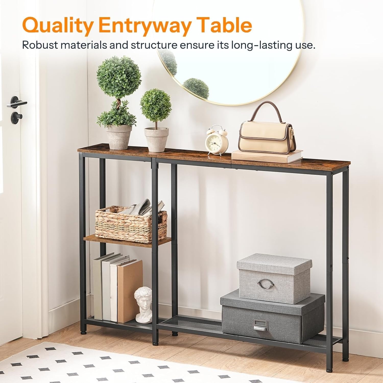 Slim Console Table with Shelves | 114cm Rustic Hallway Storage Unit