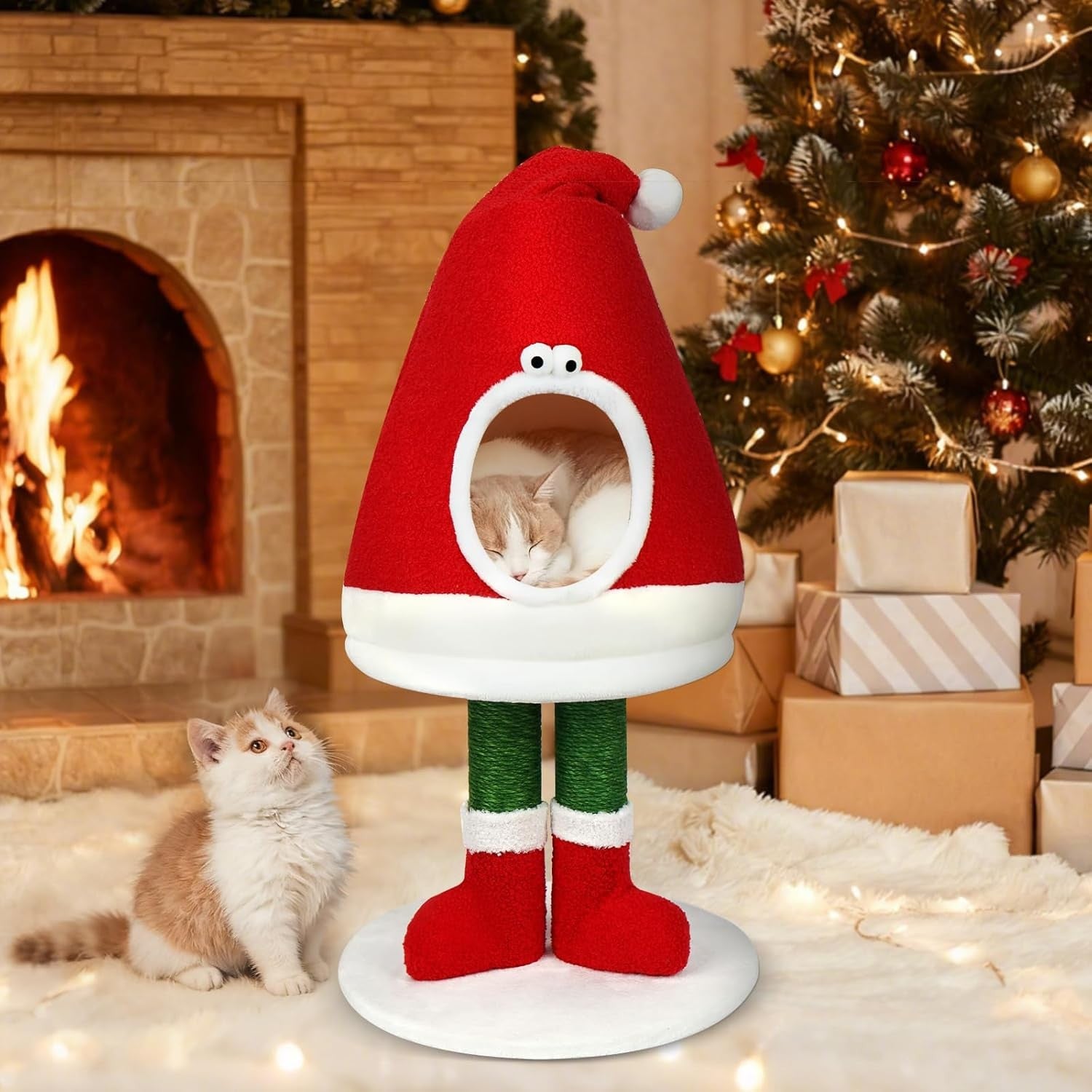 Festive Cat Tree Scratching Post with Cozy Bed Indoor Climbing Tower