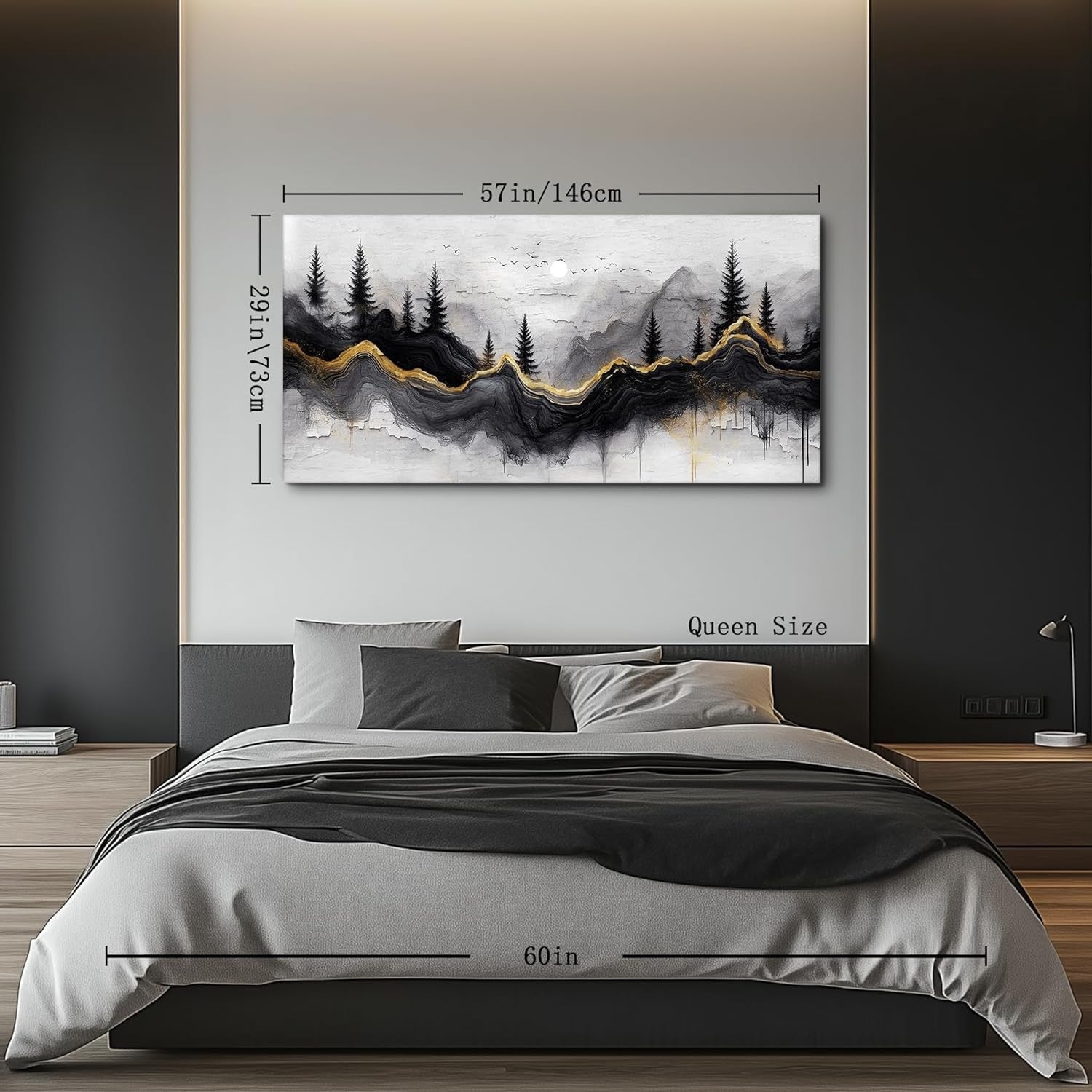 29"x57" Large Black Gold Abstract Forest Canvas Wall Art – XXL Decor