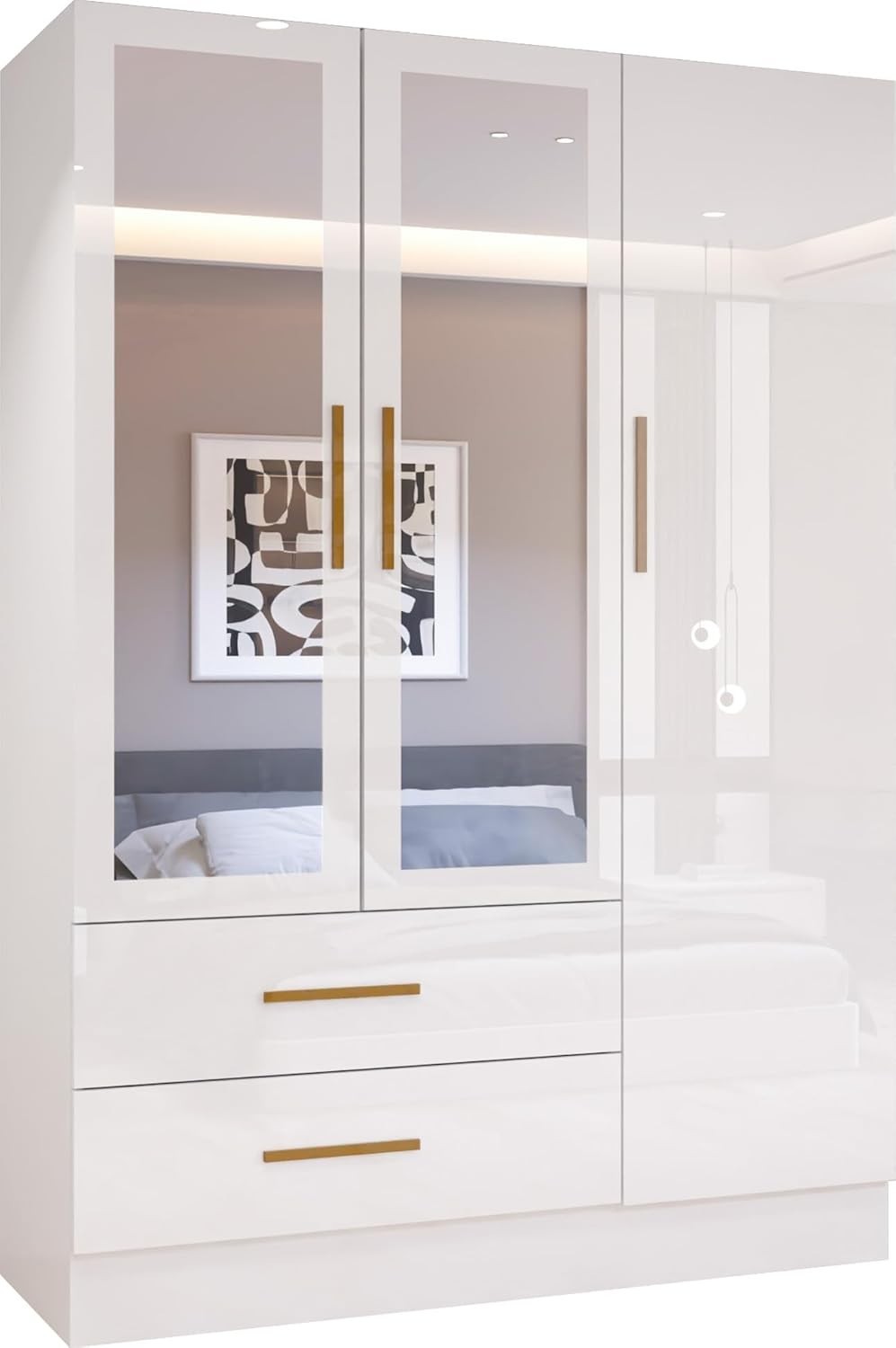 Modern 3 Door High Gloss Wardrobe with Mirror, Drawers & Hanging Rails