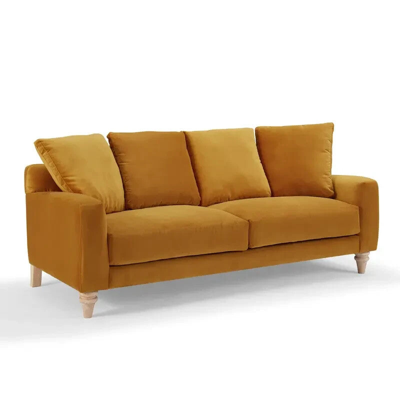 3 Seater Mustard Velvet Sofa Scatter Back Cushions Deep Comfy Seat