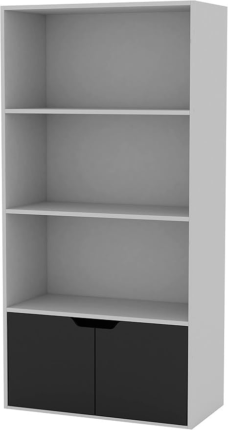Modern White 4-Tier Wide Bookcase with Black Door Cupboard – Shelf Storage Unit