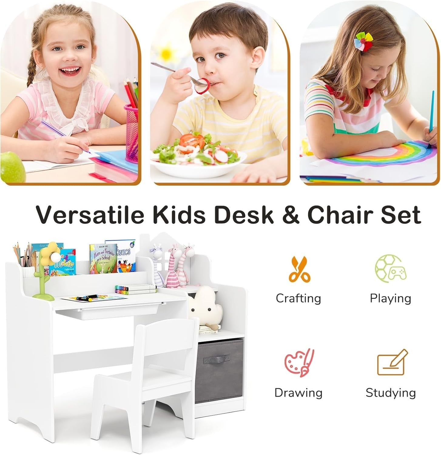 Kids Wooden Desk and Chair Set w/ Drawer Shelves Storage Bin Study Table White
