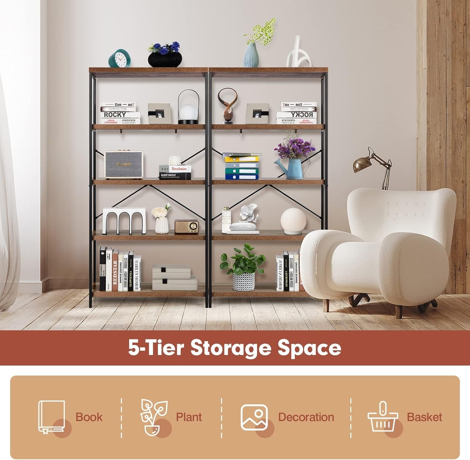 5-Tier Industrial Bookshelf Heavy-Duty Metal Frame Rustic Storage Display Rack