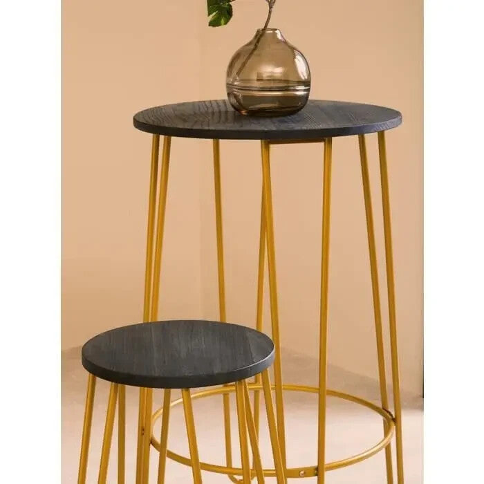 3Pc Gold Bar Table & Stool Set – Hairpin Legs, Elm Top, Modern Design