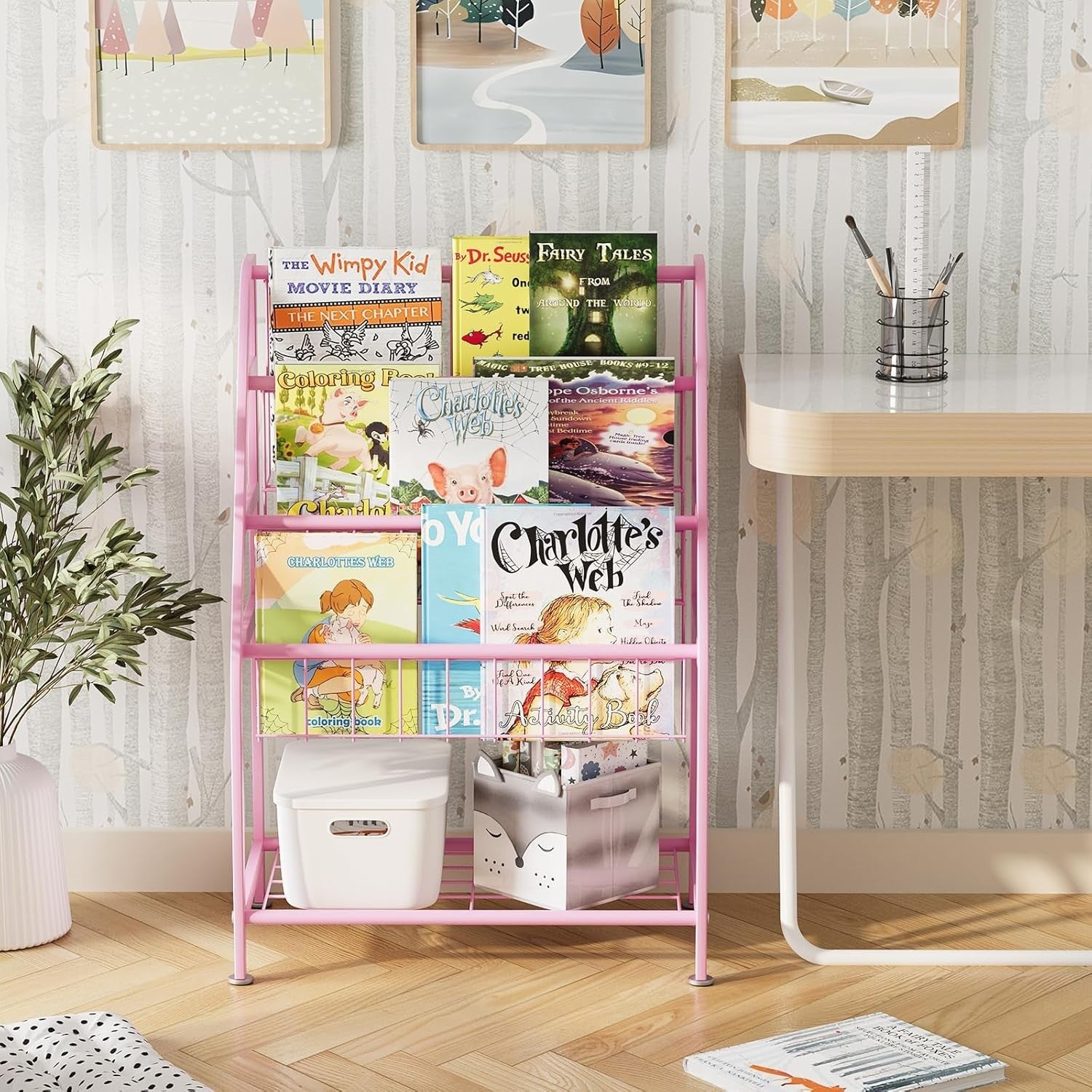 Kids Leaning Bookshelf & Toy Organizer Rack – Durable Metal, Space Saving, Pink