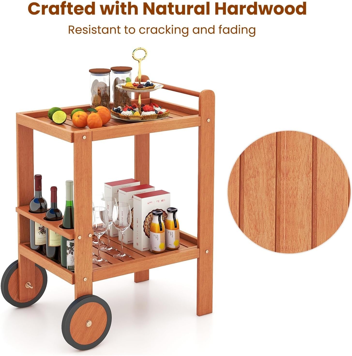 2 Tier Wooden Serving Trolley Bar Cart on Wheels with Wine Bottle Holders