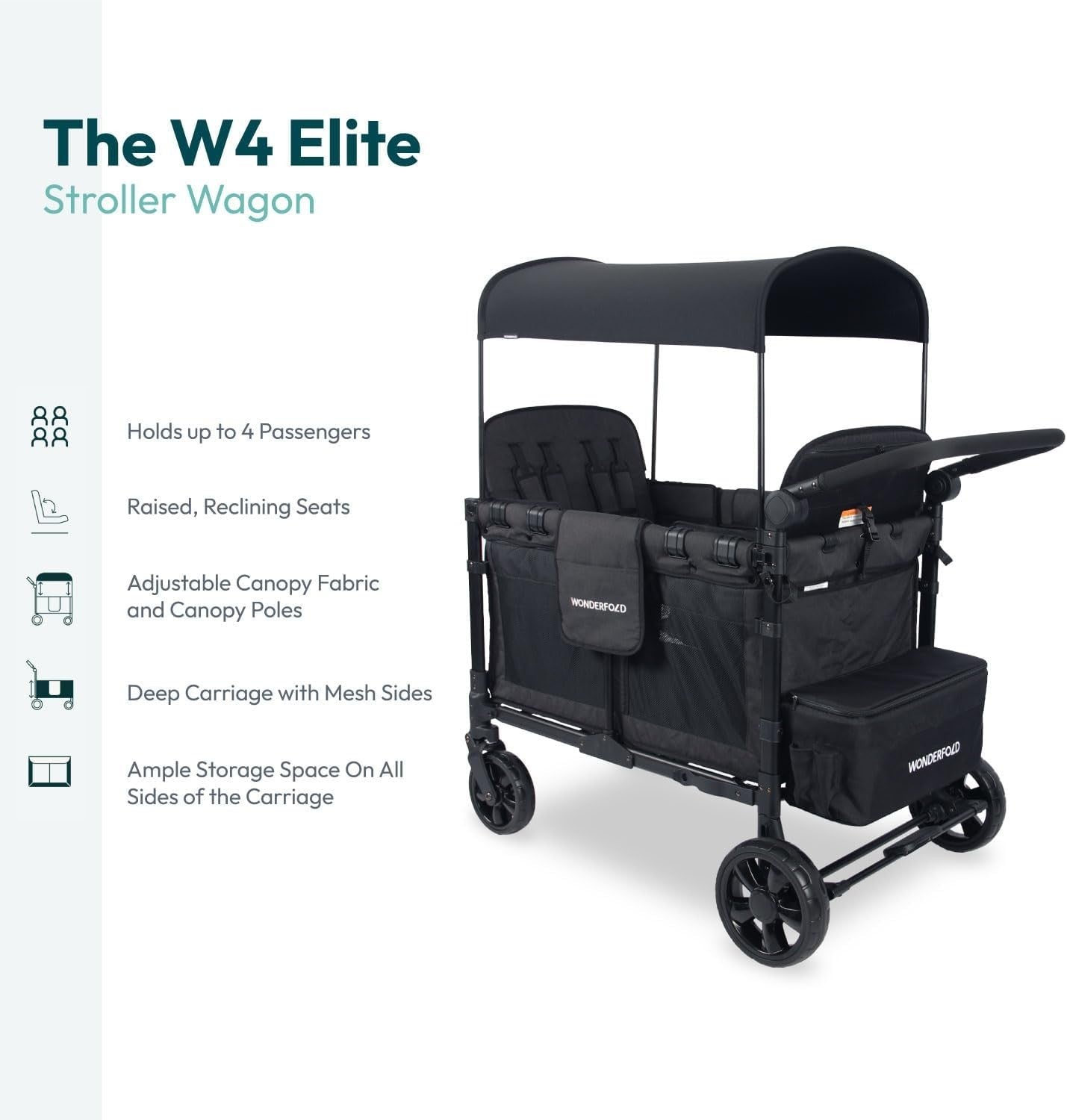 4-Seater Folding Stroller Wagon Volcanic Black w/ Canopy All-Terrain Wheels