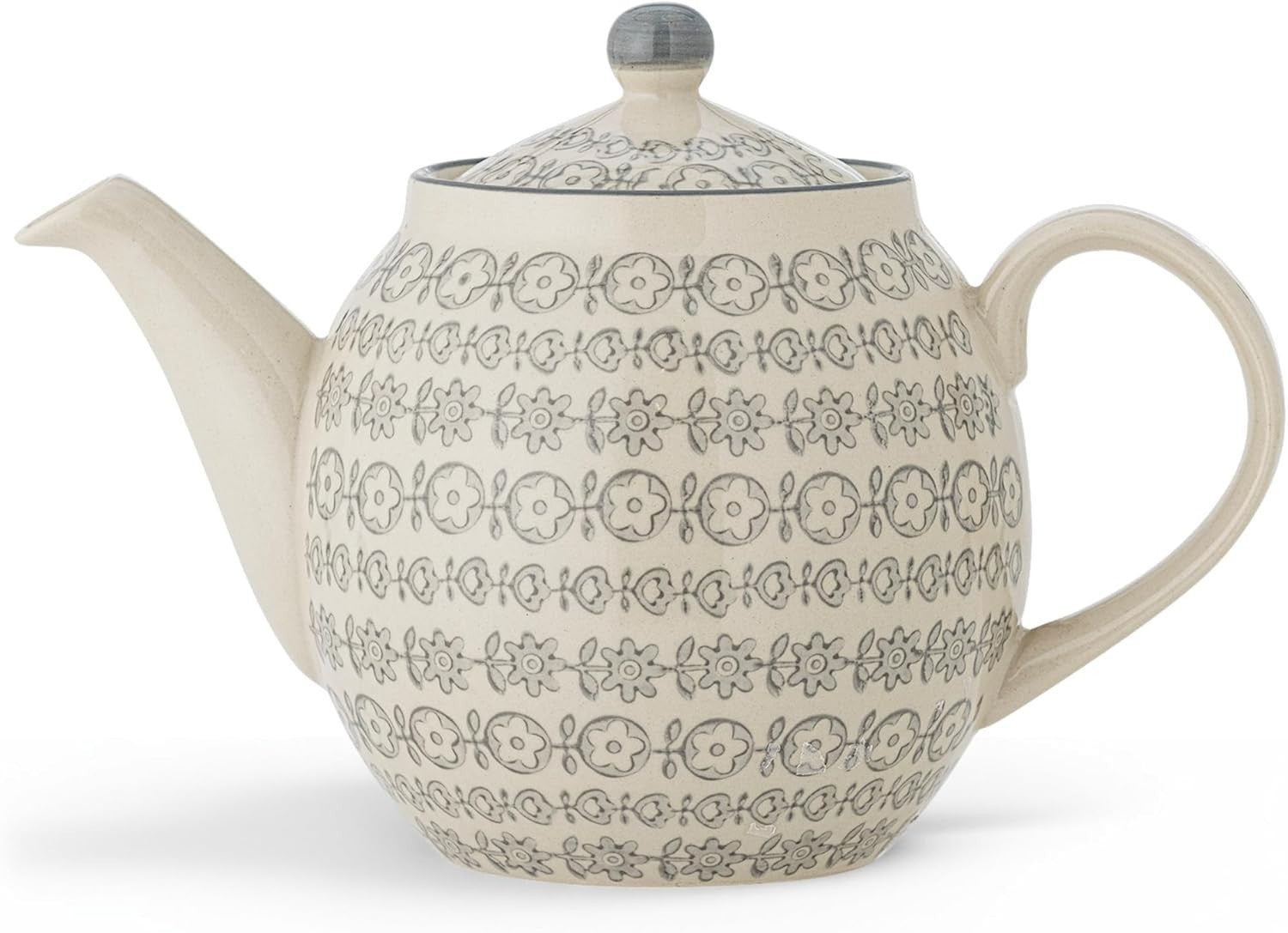 Stoneware Teapot 1200ml Grey Floral Ceramic Tea Pot Dishwasher Safe