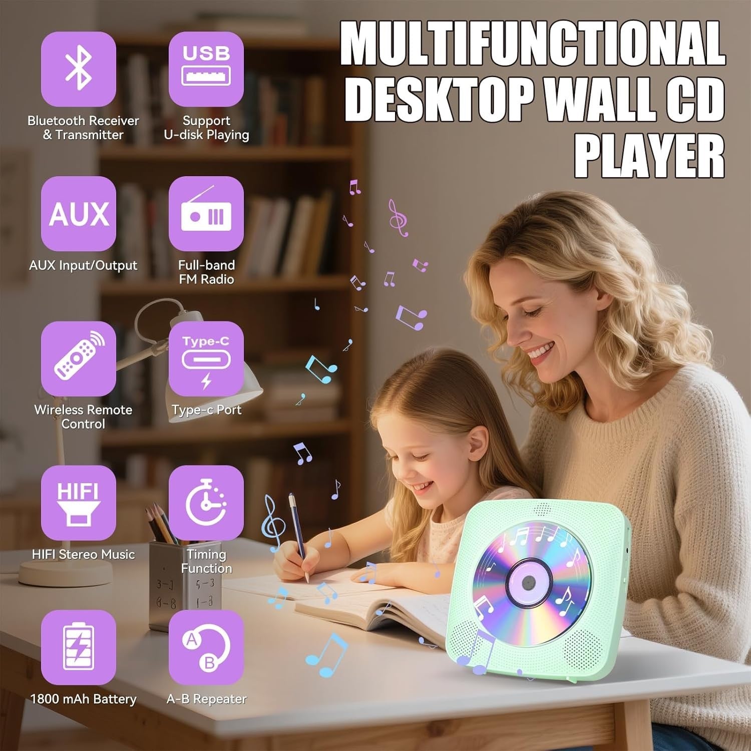 Desktop CD Player Bluetooth Speakers FM Radio USB AUX Remote Green