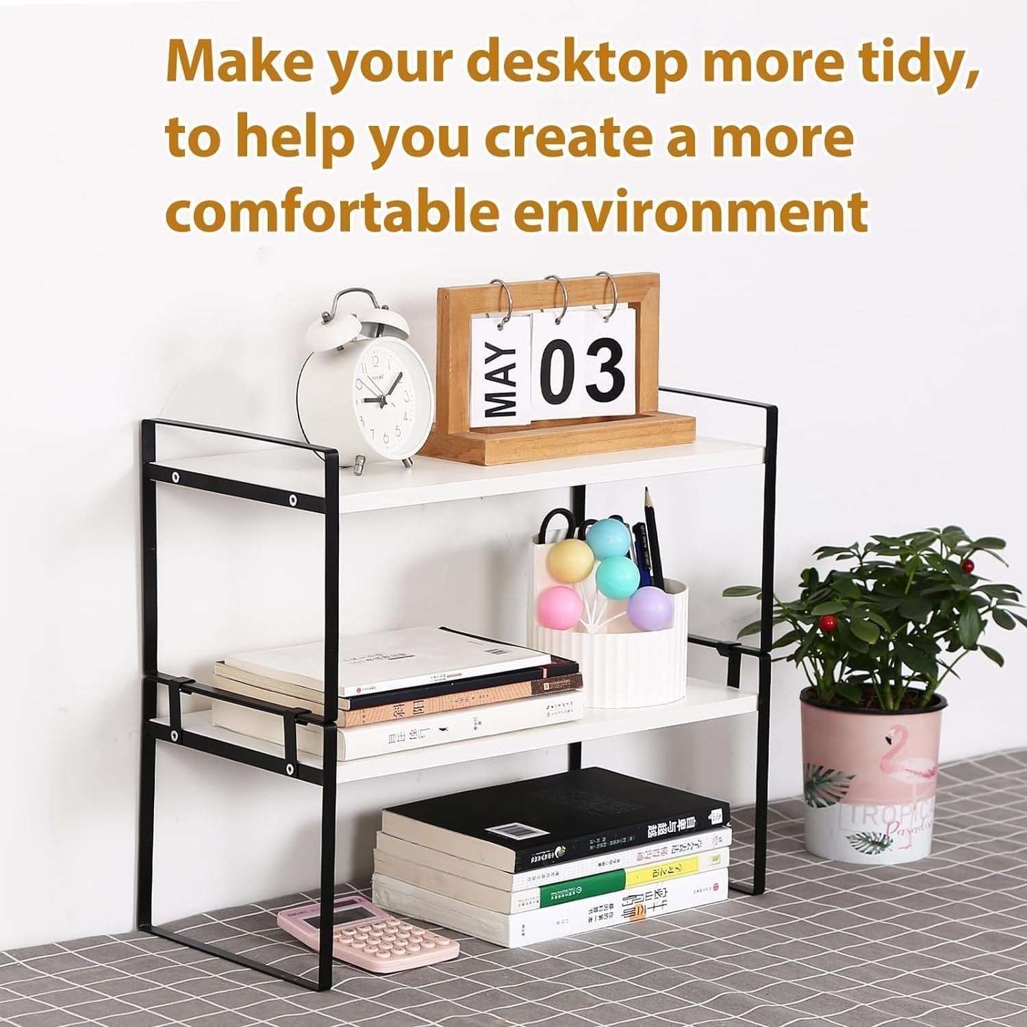 Adjustable 2-Tier Wood Desk Shelf Organizer Freestanding Desktop Storage Rack