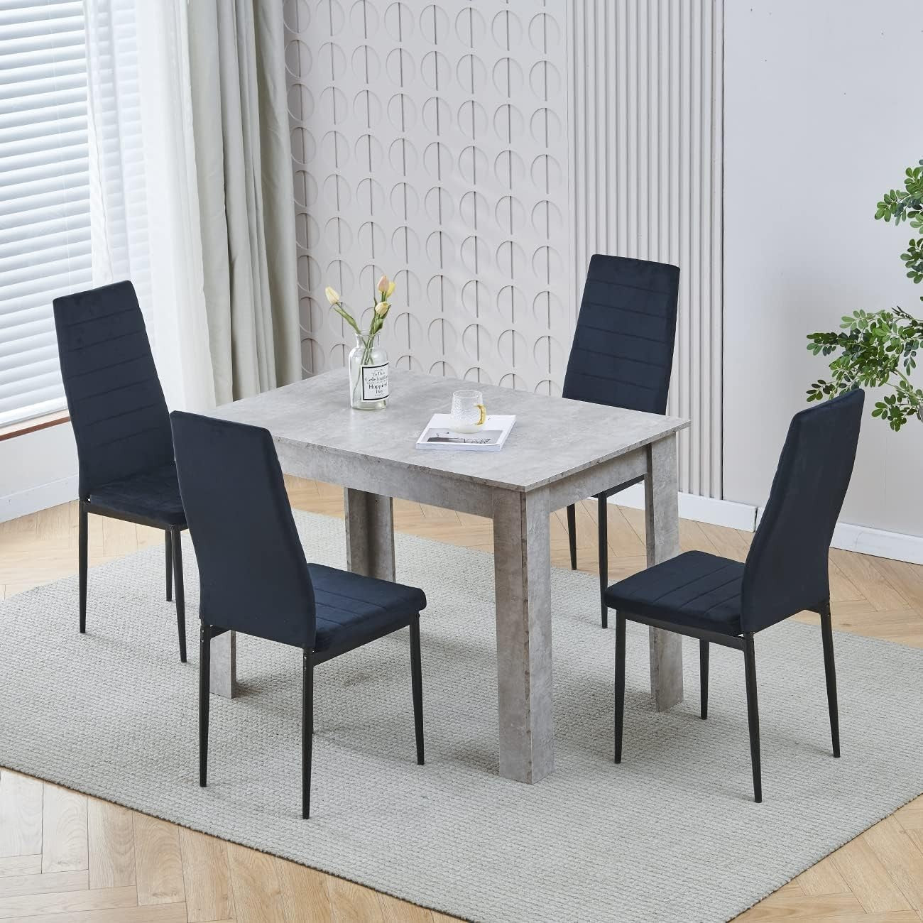 Space-Saving Grey Wood Dining Table & 4 Black PU Leather Chairs Set