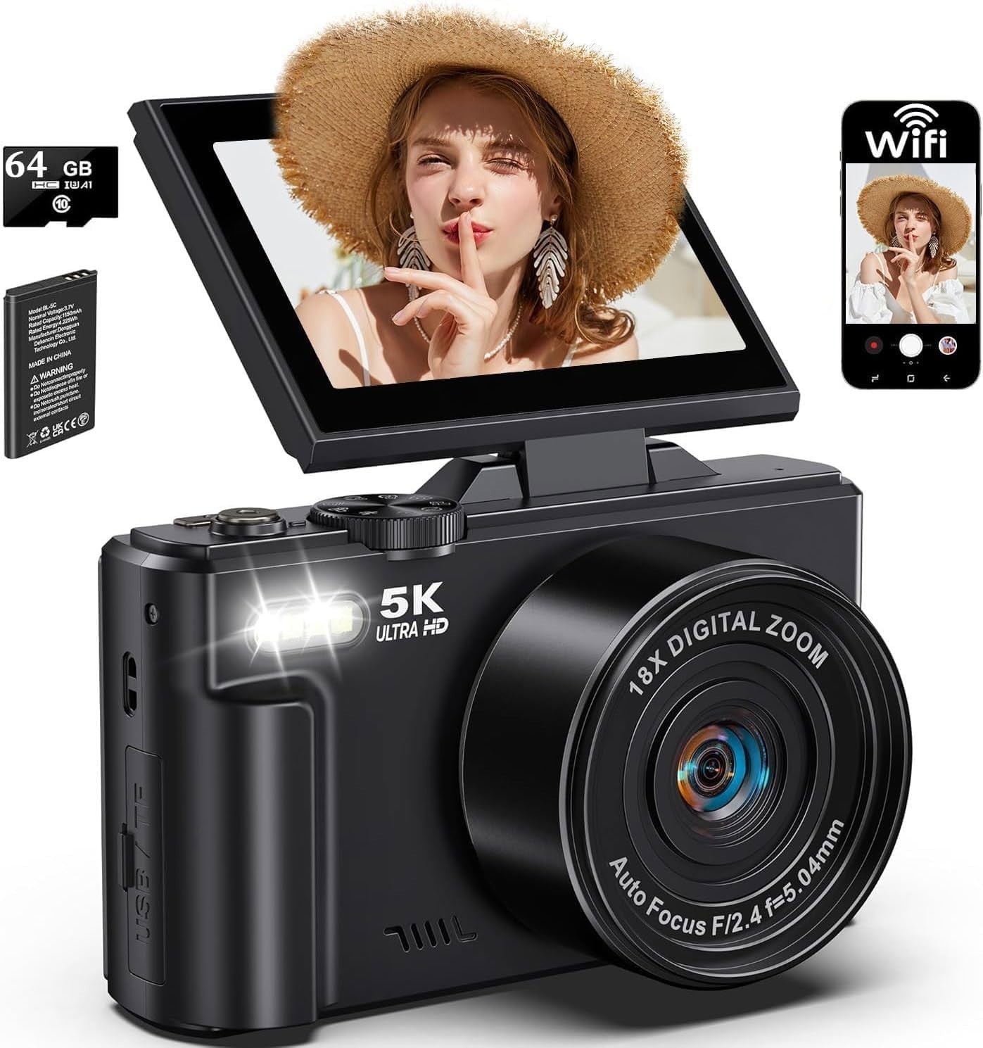 5K 75MP Vlogging Camera WiFi Flip Screen Zoom Camera 64GB