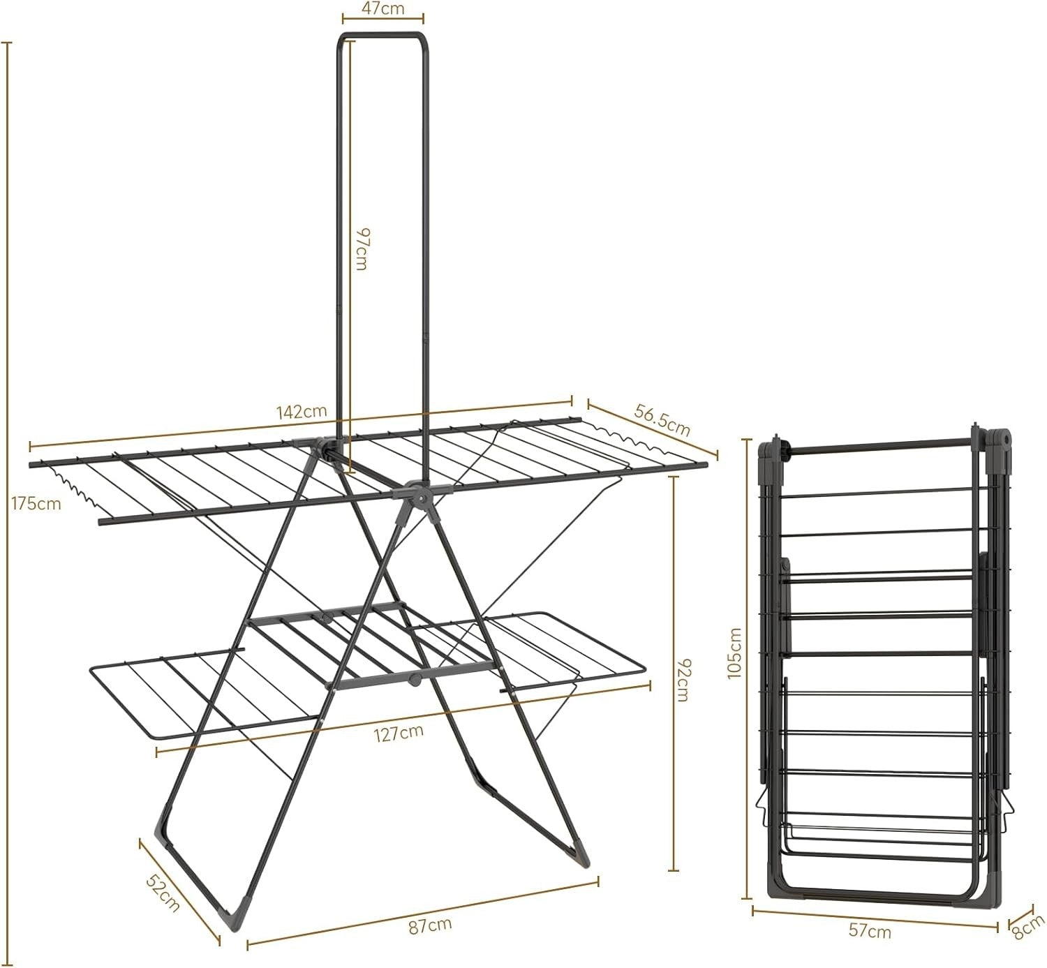 Large Winged Clothes Airer with High Hanger Folding Stainless Steel Drying Rack