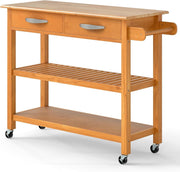 Natural Wood Kitchen Island Trolley 116x43x89cm w/ Drawers & Wheels