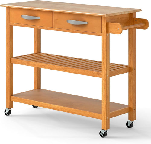 Natural Wood Kitchen Island Trolley 116x43x89cm w/ Drawers & Wheels
