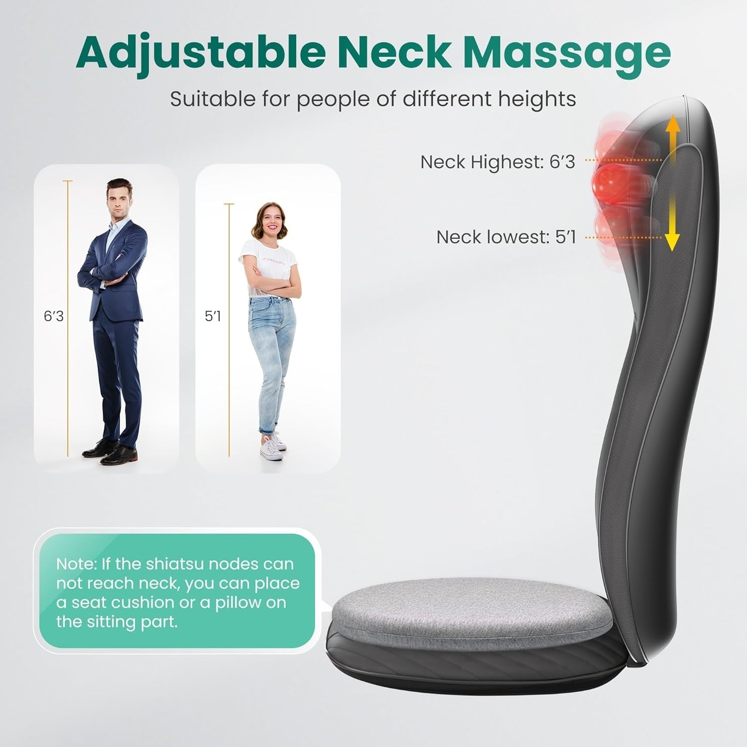 Shiatsu Neck & Back Massager with Heat Deep Kneading Chair Pad Adjustable