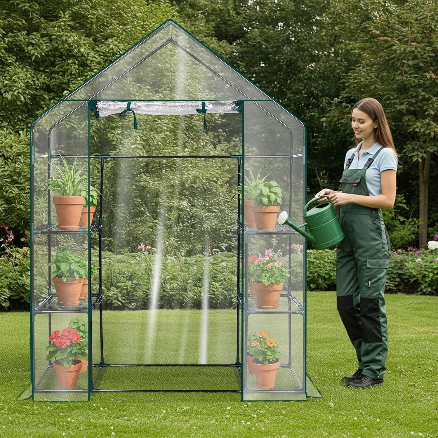 Walk-In Greenhouse with 3 Tiers 4 Shelves PVC Cover for Plants Herbs Veg