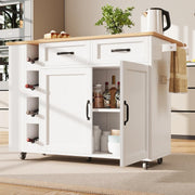 Rolling Kitchen Island with Power Outlets, Wine Rack & Fold-Out Table 131.5cm
