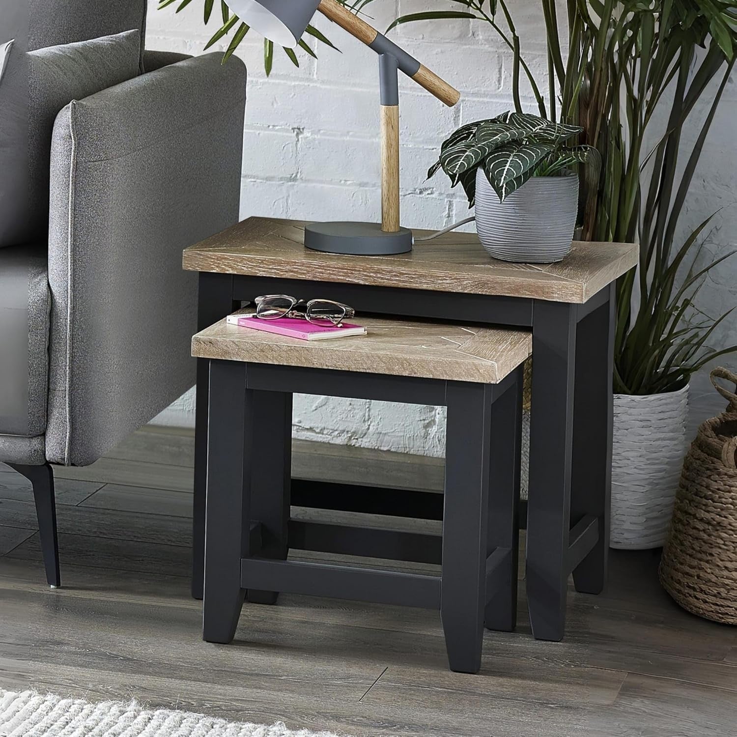 Dark Grey Oak Side Table Parquet Top Lamp End Table Solid Wood Lacquered