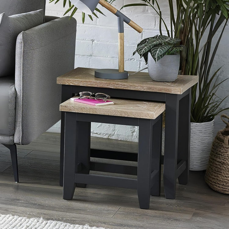 Dark Grey Oak Side Table Parquet Top Lamp End Table Solid Wood Lacquered